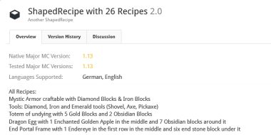 Veröffentlichungsseite des ersten Plugins „ShapedRecipe with 26 Recipes“ mit unterstützten Versionen, Sprachen und Rezeptliste