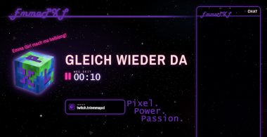 Eigenes Stream-Overlay in der OBS-Vorschau: Pausenbild „Gleich wieder da“ mit Chatfenster und Twitch-Adresse
